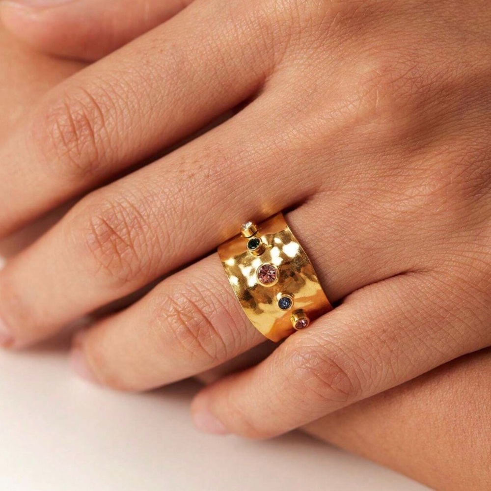 New 18KG FP Cubic Zirconia Rainbow Textured Gold Plated Open Cuff Cocktail Ring - Picture 11 of 15